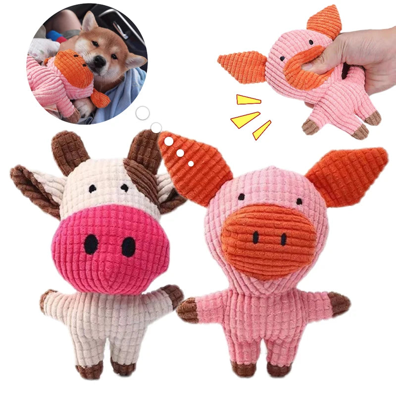 Plush Squeaky Dog Toy – Interactive Cow & Pig Chew Toy for Small & Medium Pets. Juguete de Peluche con Sonido para Perros – Forma de Vaca o Cerdo, Ideal para Morder.